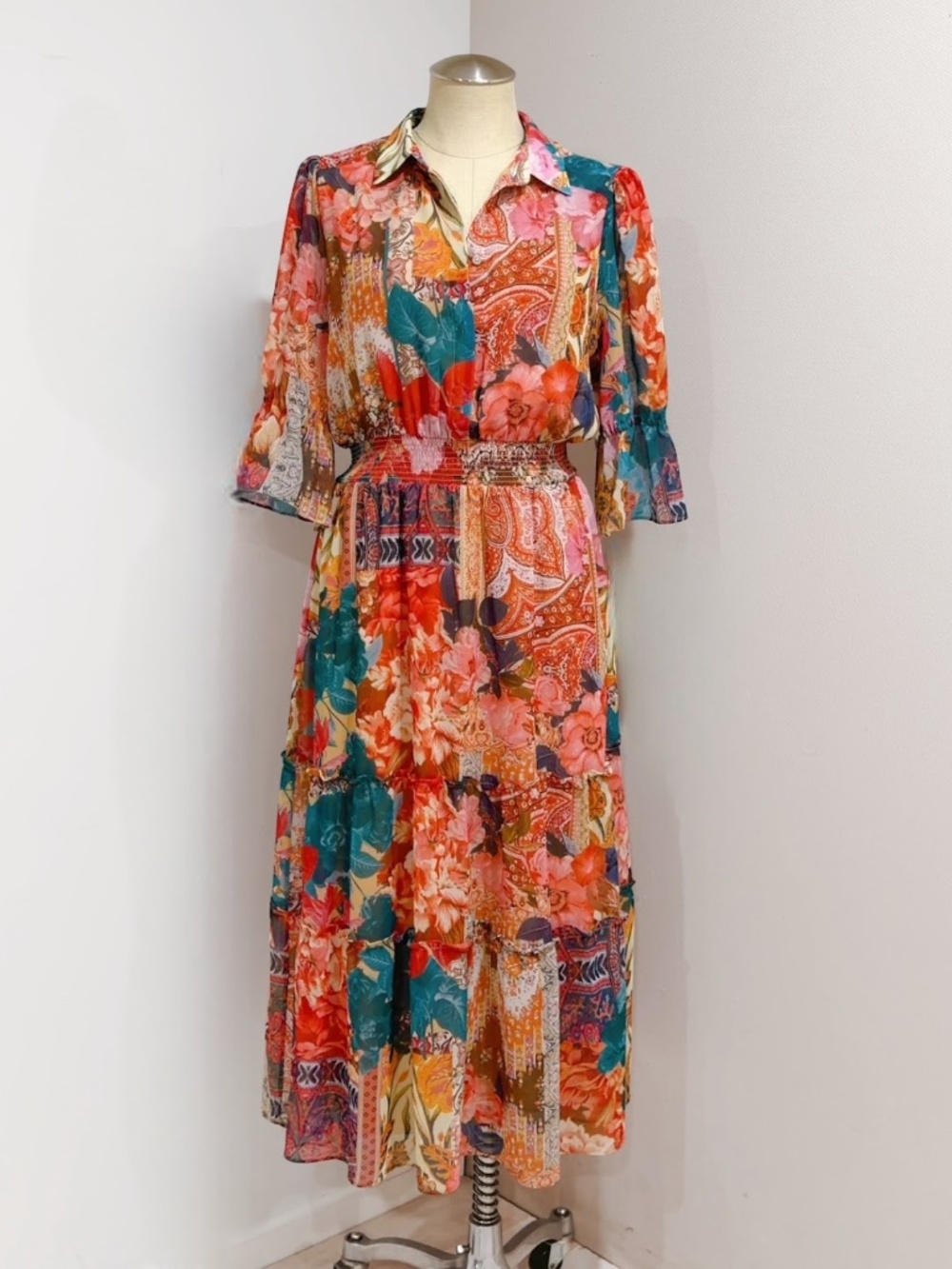 Chico's Vibrant Floral Paisley Tapestry Print Tiered Ruffle Midi Dress Size 4